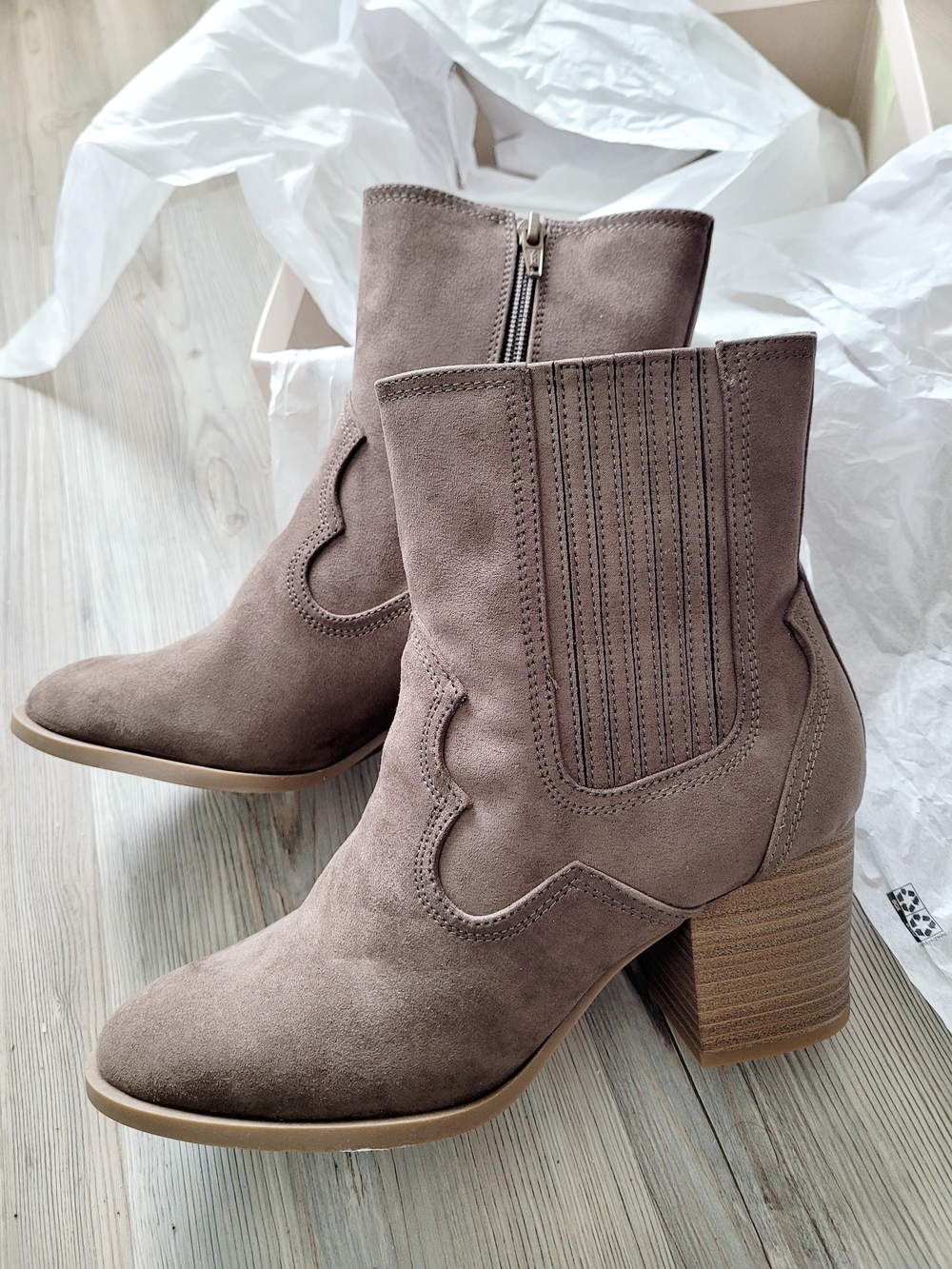 LC Lauren Conrad Brown-Taupe Suede Western Block Heel Ankle Boots. Heel 3 inc.